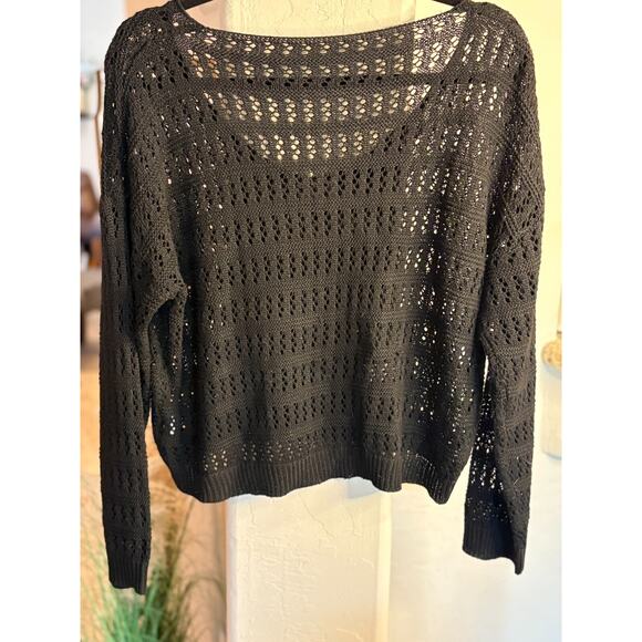 Women Sweater - Drop Shoulder Open Knit Sweater Black Size Small - Picture 5 of 6